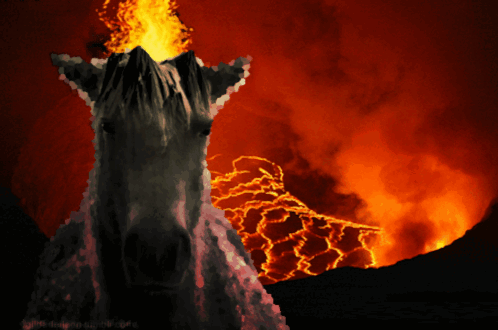 A Painting Of A Volcano Erupting With A Flame Coming Out Of The Top Of It GIF