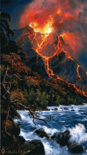 A Painting Of A Volcano Erupting With A River In The Foreground By Akela73 GIF