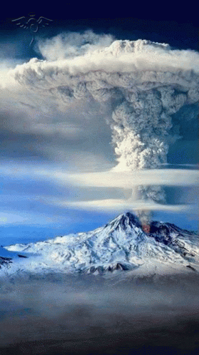 A Painting Of A Volcano Erupting With Smoke Coming Out Of The Top GIF