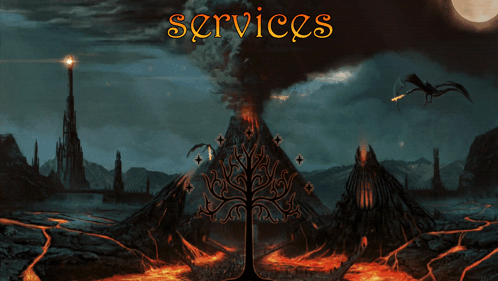 A Painting Of A Volcano With The Words Services In Orange Letters GIF