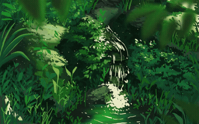 A Painting Of A Waterfall In The Middle Of A Lush Green Forest GIF