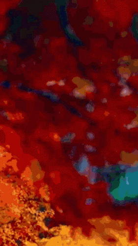 A Painting Of A Waterfall Surrounded By Trees With Red And Yellow Leaves GIF
