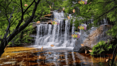 A Painting Of A Waterfall With Balloons And Leaves In The Foreground GIF
