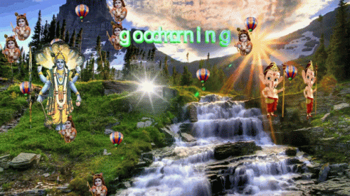 A Painting Of A Waterfall With The Words Good Morning GIF