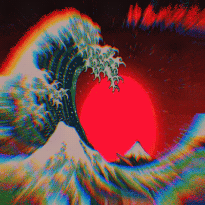 A Painting Of A Wave Crashing Against A Mountain With A Red Sun Behind It GIF