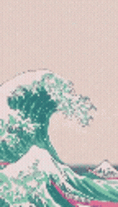 A Painting Of A Wave Crashing On A Beach With Mountains In The Background . GIF