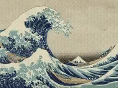 A Painting Of A Wave In The Ocean With A Mountain In The Background GIF
