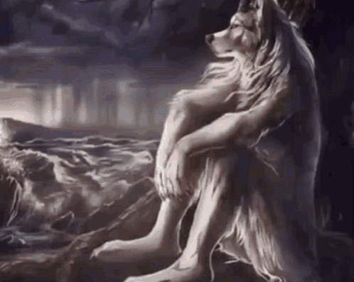 A Painting Of A Werewolf Sitting On A Rock Looking At The Ocean . GIF