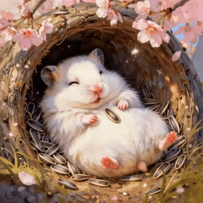 A Painting Of A White Hamster Laying In A Nest Of Sunflower Seeds GIF
