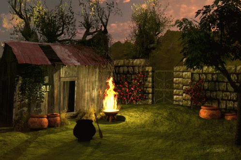 A Painting Of A Witch 'S House With A Cauldron And A Fire GIF