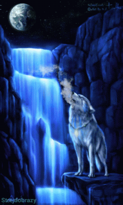 A Painting Of A Wolf Howling At A Waterfall By Strejobrazy GIF