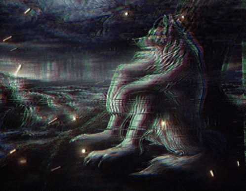 A Painting Of A Wolf Sitting In The Woods GIF