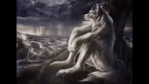 A Painting Of A Wolf Sitting On A Rock Looking At The Water GIF