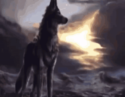 A Painting Of A Wolf Standing In Front Of A Cloudy Sky GIF