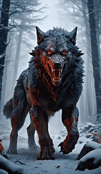 A Painting Of A Wolf With Its Mouth Open In The Snow GIF