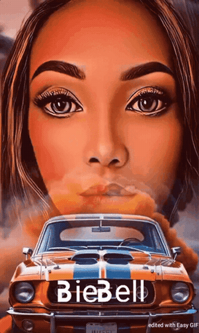 A Painting Of A Woman And A Car With The Name Biebel GIF