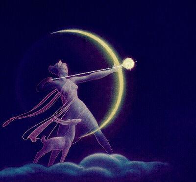 A Painting Of A Woman And A Deer With A Crescent Moon Behind Them GIF