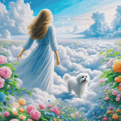 A Painting Of A Woman And A Dog In The Clouds With Flowers In The Background GIF