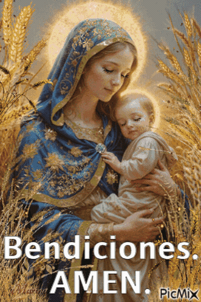 A Painting Of A Woman Holding A Baby With The Words Bendiciones Amen Written Below It GIF