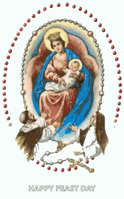 A Painting Of A Woman Holding A Baby With The Words Happy Feast Day Below Her GIF