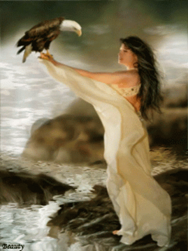 A Painting Of A Woman Holding A Bald Eagle In Her Hand With The Word Beauty On The Bottom GIF