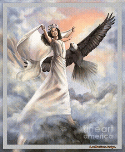 A Painting Of A Woman Holding A Bald Eagle With Fineart America Written On The Bottom GIF
