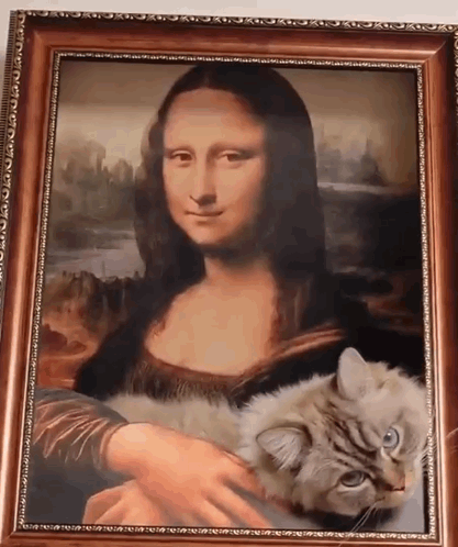 A Painting Of A Woman Holding A Cat In Her Lap GIF