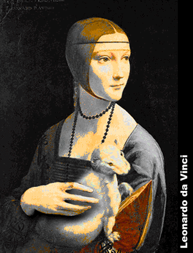 A Painting Of A Woman Holding A Cat With The Name Leonardo Da Vinci On The Bottom GIF