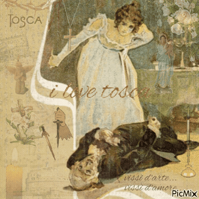 A Painting Of A Woman Holding A Cross Next To A Man Laying On The Ground With The Words I Love Tosca GIF