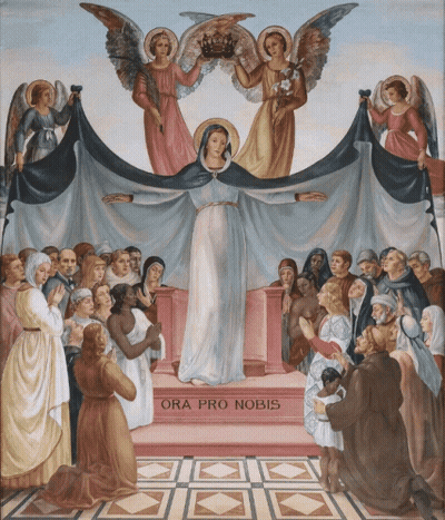 A Painting Of A Woman Holding A Crown And The Words Ora Pro Nobis Below Her GIF