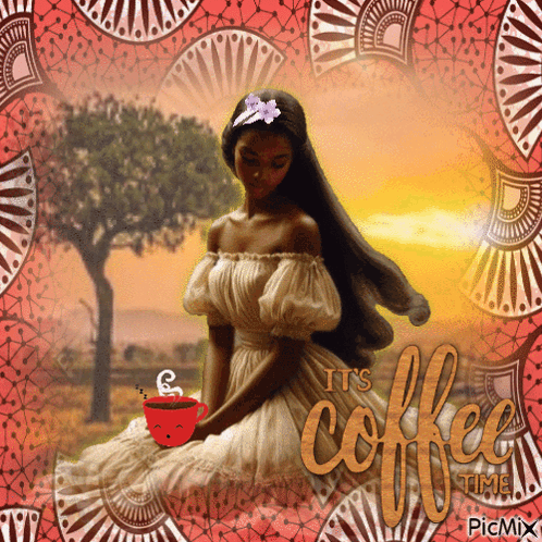 A Painting Of A Woman Holding A Cup Of Coffee With The Words It 'S Coffee Time On The Bottom GIF