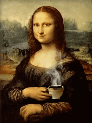 A Painting Of A Woman Holding A Cup Of Steaming Coffee GIF