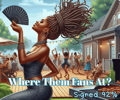 A Painting Of A Woman Holding A Fan With The Caption Where Them Fans At Signed 92% GIF