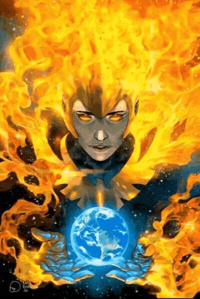 A Painting Of A Woman Holding A Globe In Her Hands Surrounded By Flames GIF