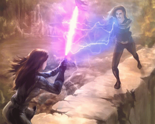 A Painting Of A Woman Holding A Lightning Sword GIF