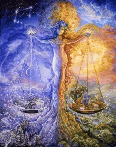 A Painting Of A Woman Holding A Scale With A Constellation Of Libra In The Background GIF