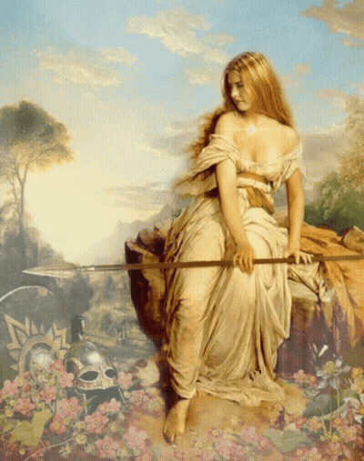 A Painting Of A Woman Holding A Spear With Flowers In The Foreground GIF
