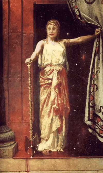 A Painting Of A Woman Holding A Sword And Axe GIF
