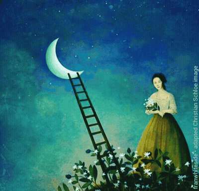 A Painting Of A Woman Holding Flowers And A Ladder Leading To The Moon GIF