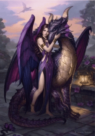 A Painting Of A Woman Hugging A Purple Dragon With The Name James Roman At The Bottom GIF