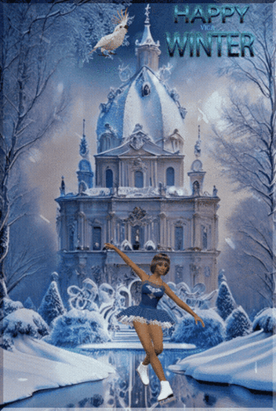 A Painting Of A Woman Ice Skating In Front Of A Castle That Says Happy Winter On It GIF