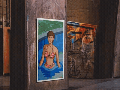 A Painting Of A Woman In A Bikini Is Hanging On A Pillar GIF