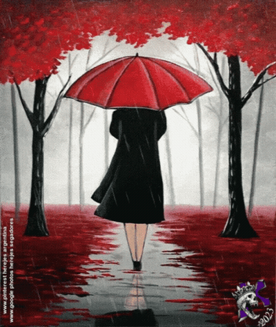 A Painting Of A Woman In A Black Coat Holding A Red Umbrella GIF