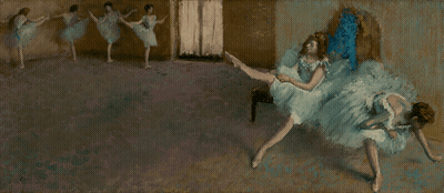 A Painting Of A Woman In A Blue Dress Sitting On A Chair With Her Legs Crossed GIF