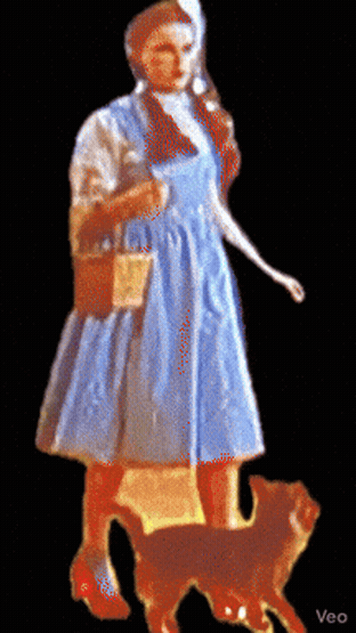 A Painting Of A Woman In A Blue Dress Standing Next To A Dog With Veo Written On The Bottom GIF