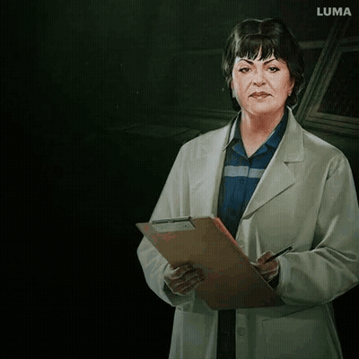 A Painting Of A Woman In A Lab Coat Holding A Clipboard And A Pen . GIF