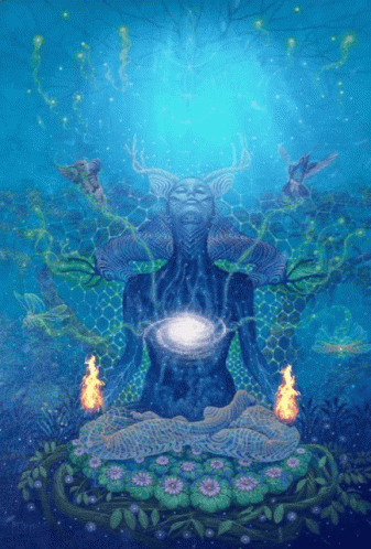 A Painting Of A Woman In A Lotus Position Surrounded By Flowers GIF
