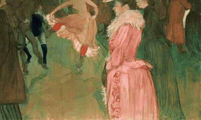 A Painting Of A Woman In A Pink Dress Standing In A Crowd Of People GIF