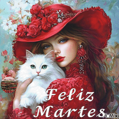 A Painting Of A Woman In A Red Hat Holding A White Cat With Feliz Martes Written Below Her GIF