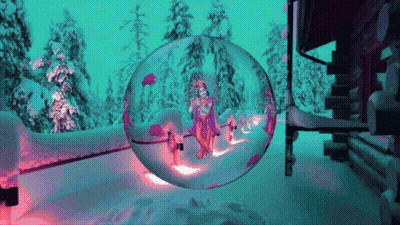 A Painting Of A Woman In A Snow Globe With Trees In The Background GIF